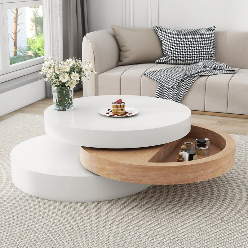 Table basse cylindrique plateau rotatif 360°, blanc & effet bois, 3 niveaux, rangement caché 60x60x35cm MODERNCHAIRART
