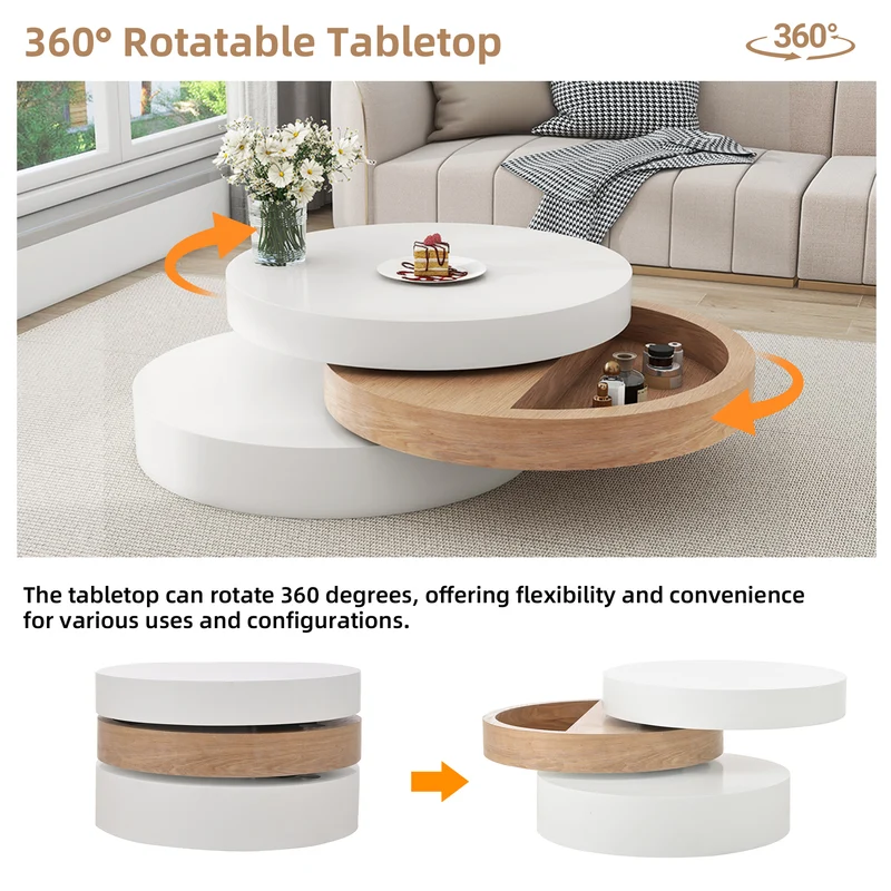 Table basse cylindrique plateau rotatif 360°, blanc & effet bois, 3 niveaux, rangement caché 60x60x35cm MODERNCHAIRART