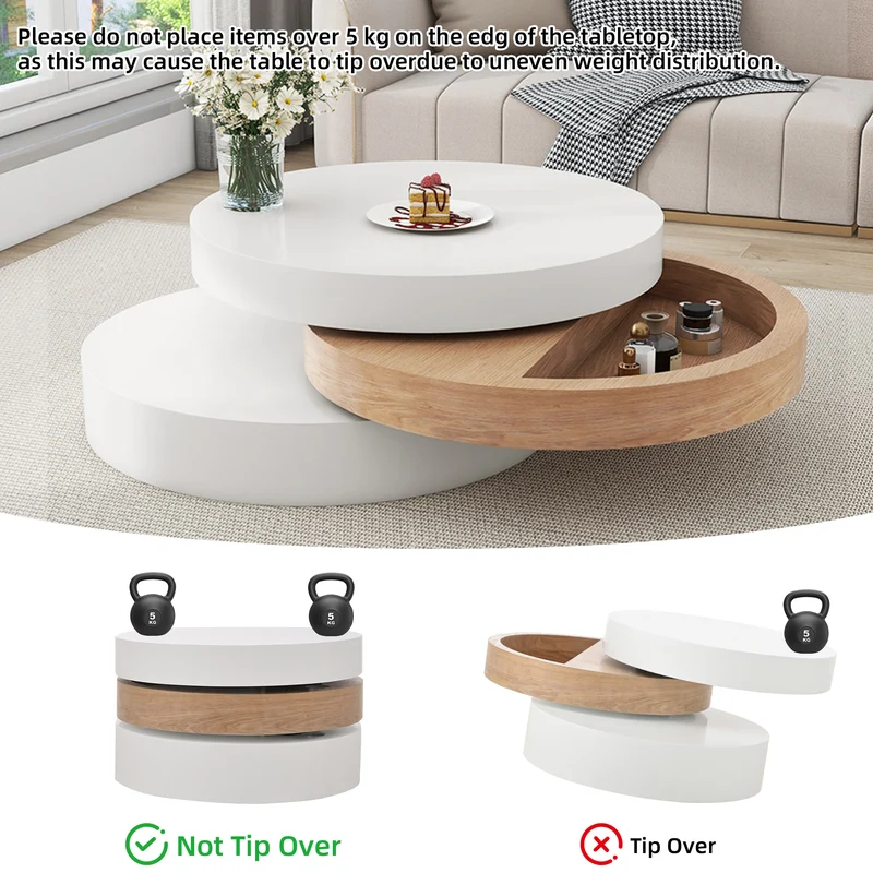 Table basse cylindrique plateau rotatif 360°, blanc & effet bois, 3 niveaux, rangement caché 60x60x35cm MODERNCHAIRART