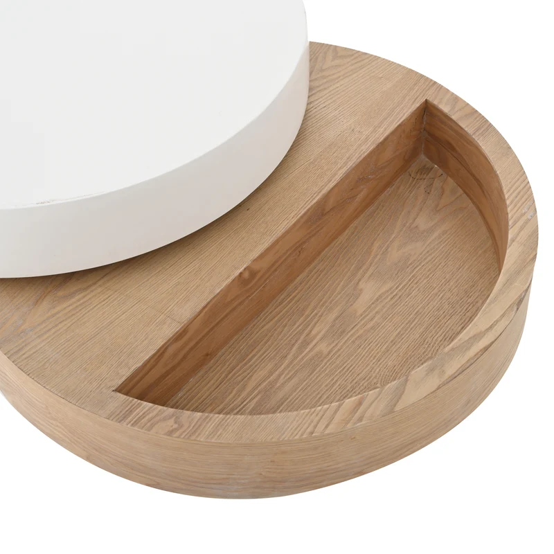 Table basse cylindrique plateau rotatif 360°, blanc & effet bois, 3 niveaux, rangement caché 60x60x35cm MODERNCHAIRART