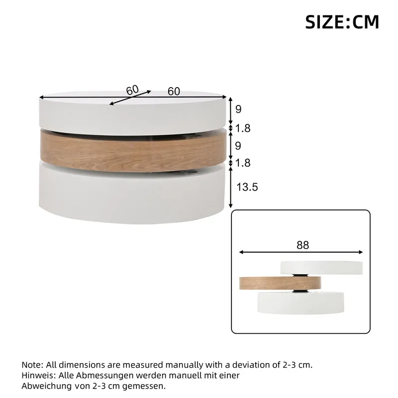 Table basse cylindrique plateau rotatif 360°, blanc & effet bois, 3 niveaux, rangement caché 60x60x35cm MODERNCHAIRART