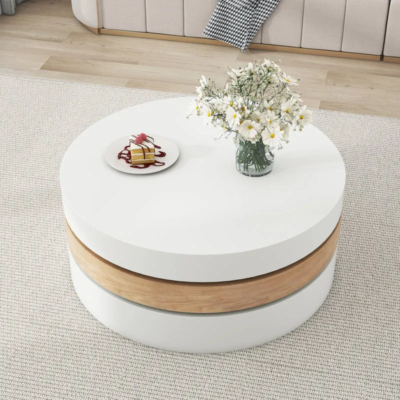 Table basse cylindrique plateau rotatif 360°, blanc & effet bois, 3 niveaux, rangement caché 60x60x35cm MODERNCHAIRART