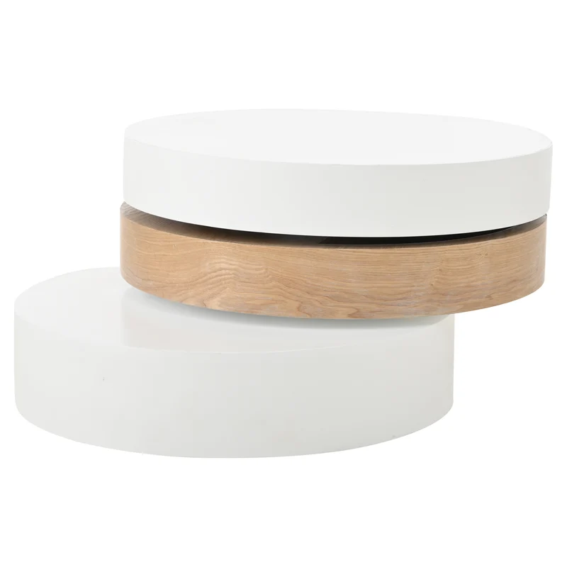 Table basse cylindrique plateau rotatif 360°, blanc & effet bois, 3 niveaux, rangement caché 60x60x35cm MODERNCHAIRART