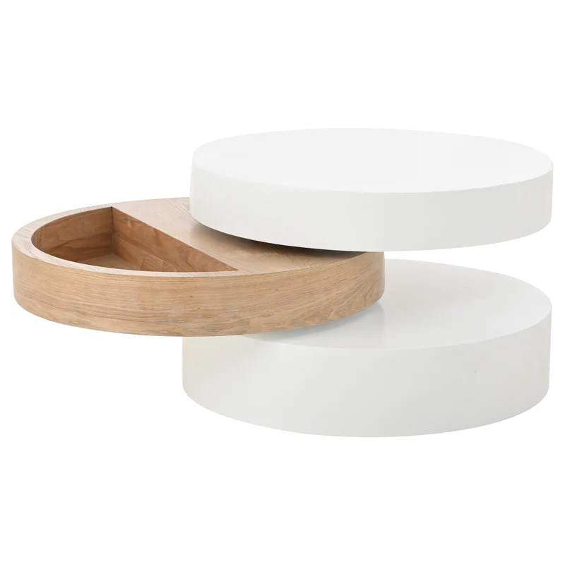 Table basse cylindrique plateau rotatif 360°, blanc & effet bois, 3 niveaux, rangement caché 60x60x35cm MODERNCHAIRART