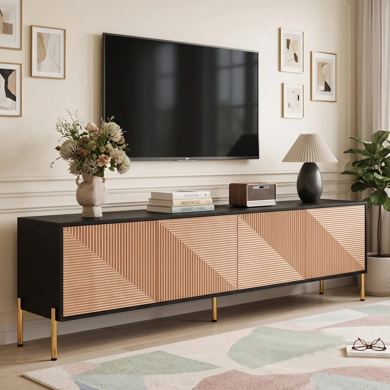 Meuble TV effet bois et noir motif géométrique 4 portes PILLOWLITE