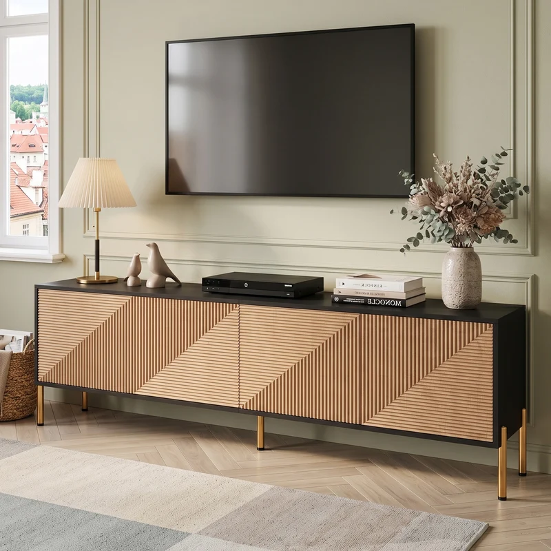 Meuble TV effet bois et noir motif géométrique 4 portes PILLOWLITE