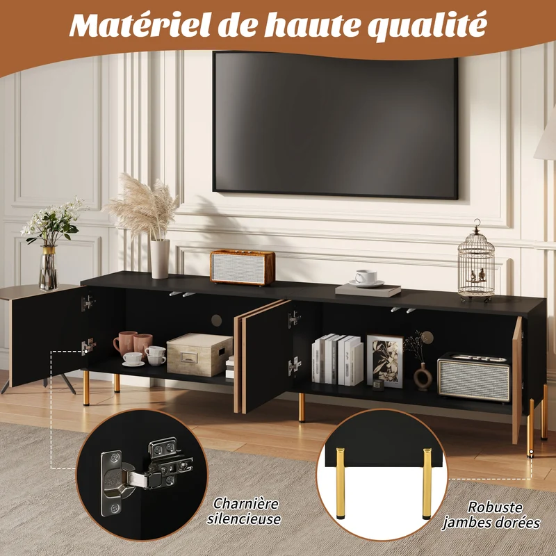 Meuble TV effet bois et noir motif géométrique 4 portes PILLOWLITE