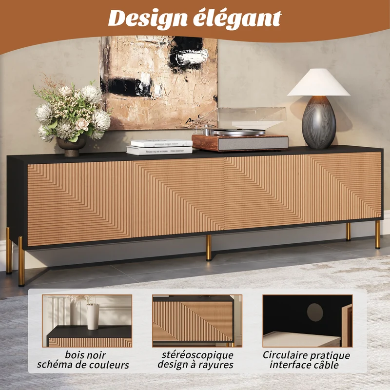 Meuble TV effet bois et noir motif géométrique 4 portes PILLOWLITE