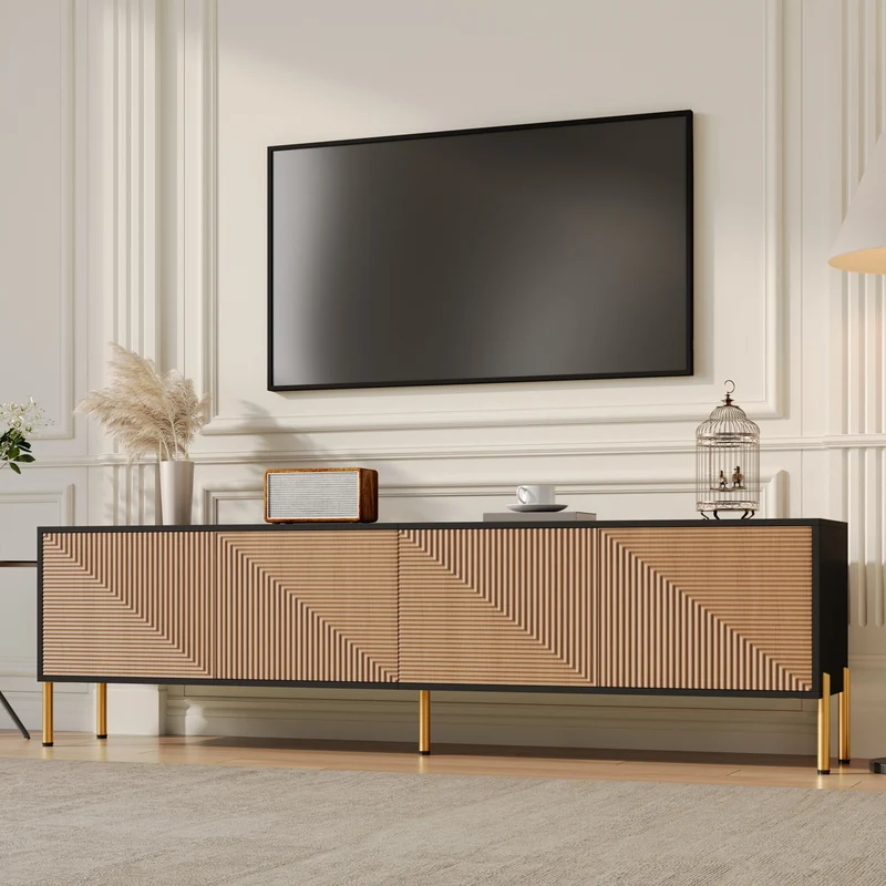Meuble TV effet bois et noir motif géométrique 4 portes PILLOWLITE