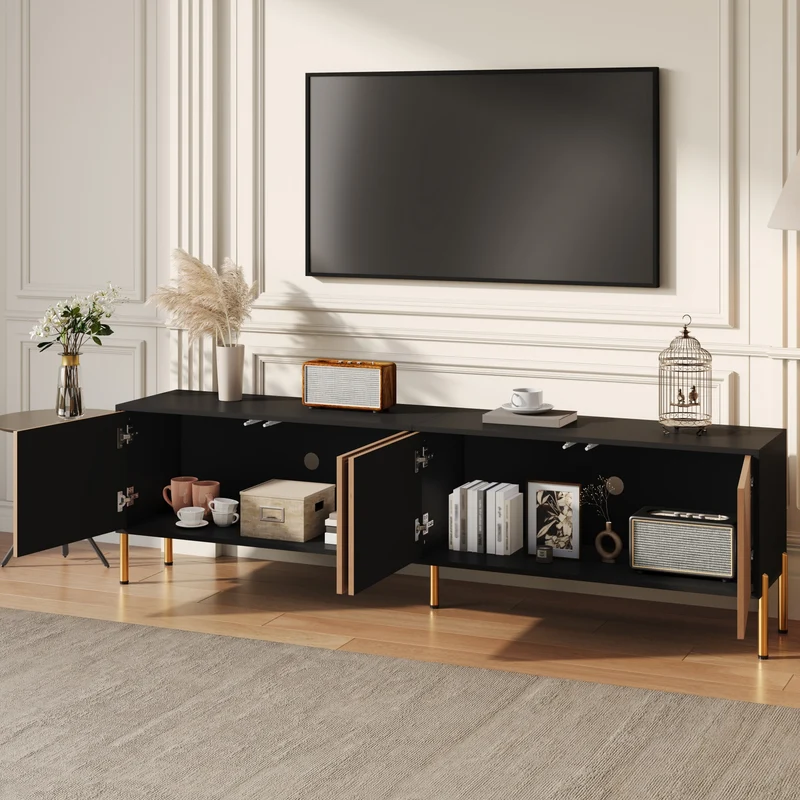 Meuble TV effet bois et noir motif géométrique 4 portes PILLOWLITE
