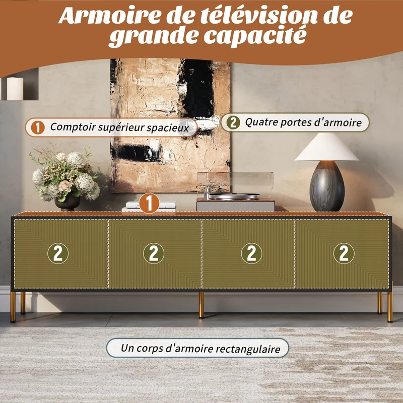 Meuble TV effet bois et noir motif géométrique 4 portes PILLOWLITE