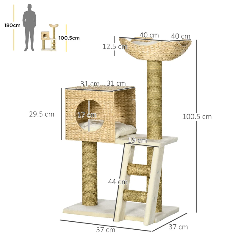 Protochronicler Arbre à chat 100,5 cm naturel avec maisonnette, lit, escalier et poteaux en sisal pour petits chats