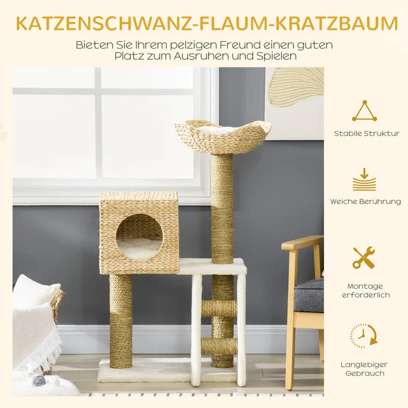 Protochronicler Arbre à chat 100,5 cm naturel avec maisonnette, lit, escalier et poteaux en sisal pour petits chats