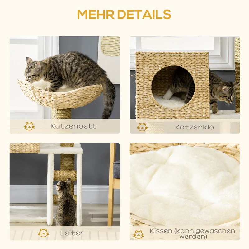Protochronicler Arbre à chat 100,5 cm naturel avec maisonnette, lit, escalier et poteaux en sisal pour petits chats