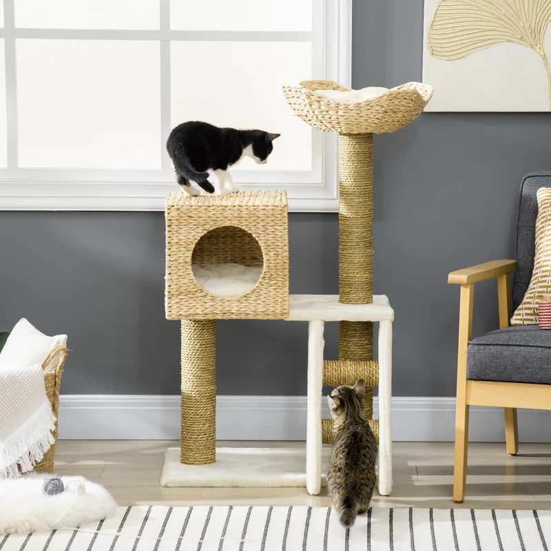 Protochronicler Arbre à chat 100,5 cm naturel avec maisonnette, lit, escalier et poteaux en sisal pour petits chats