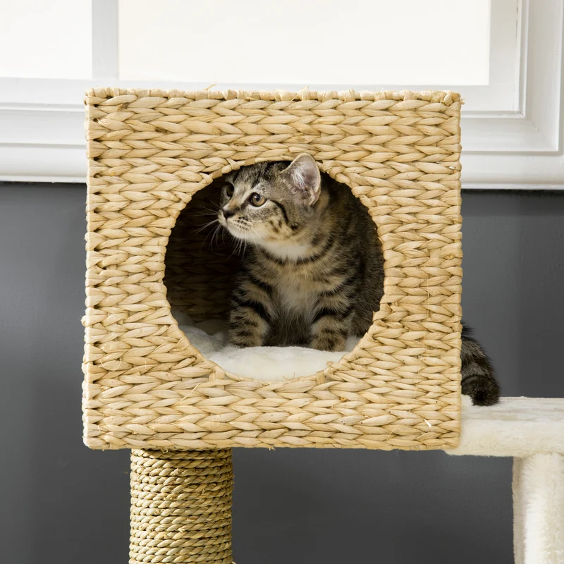 Protochronicler Arbre à chat 100,5 cm naturel avec maisonnette, lit, escalier et poteaux en sisal pour petits chats