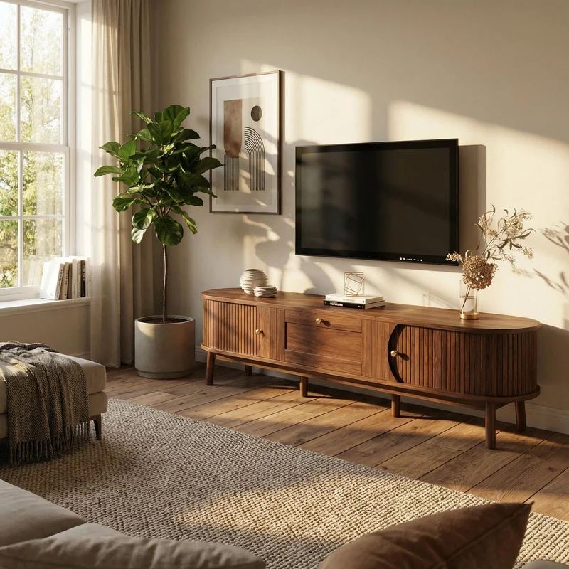 Meuble TV effet bois noyer style vintage tiroir et portes coulissantes 170cm VERIAR
