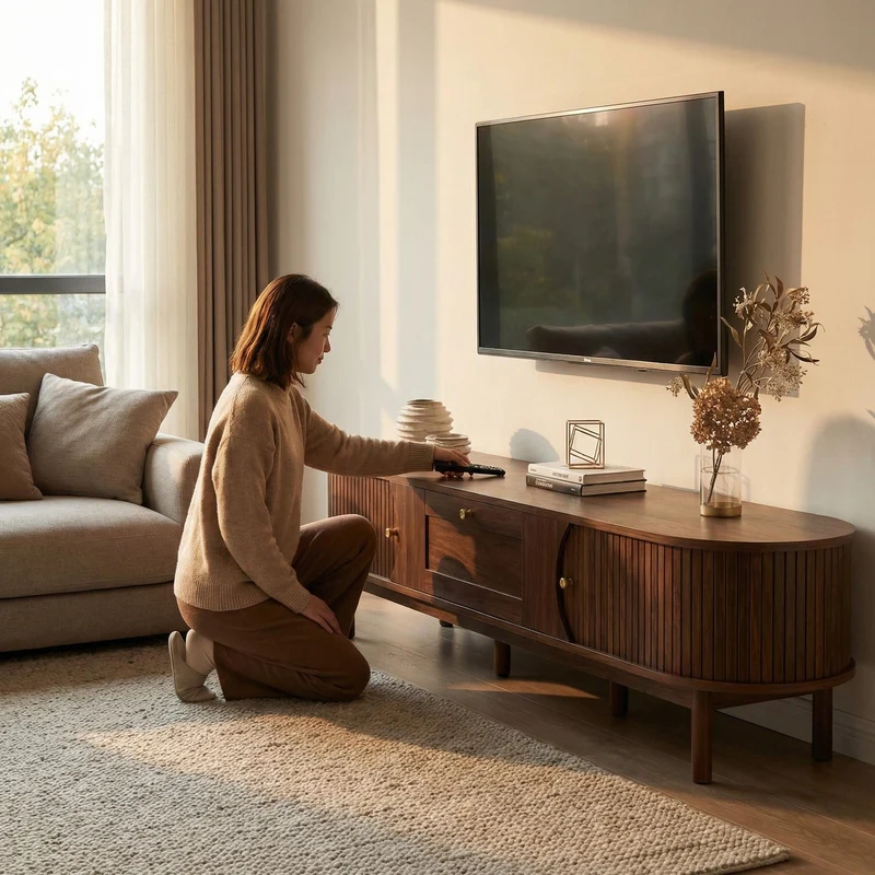 Meuble TV effet bois noyer style vintage tiroir et portes coulissantes 170cm VERIAR