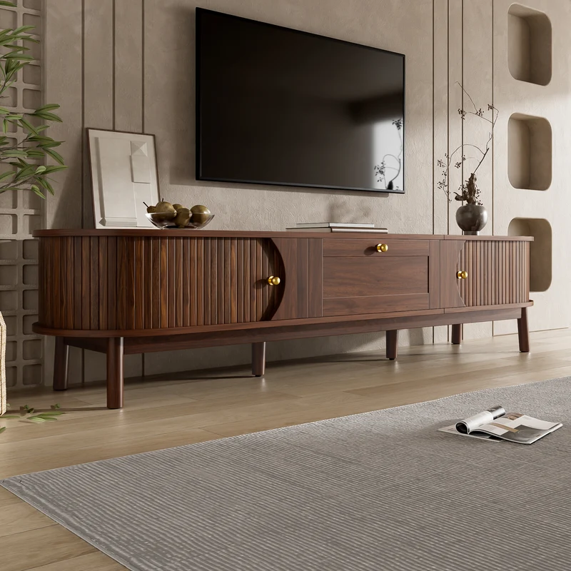 Meuble TV effet bois noyer style vintage tiroir et portes coulissantes 170cm VERIAR
