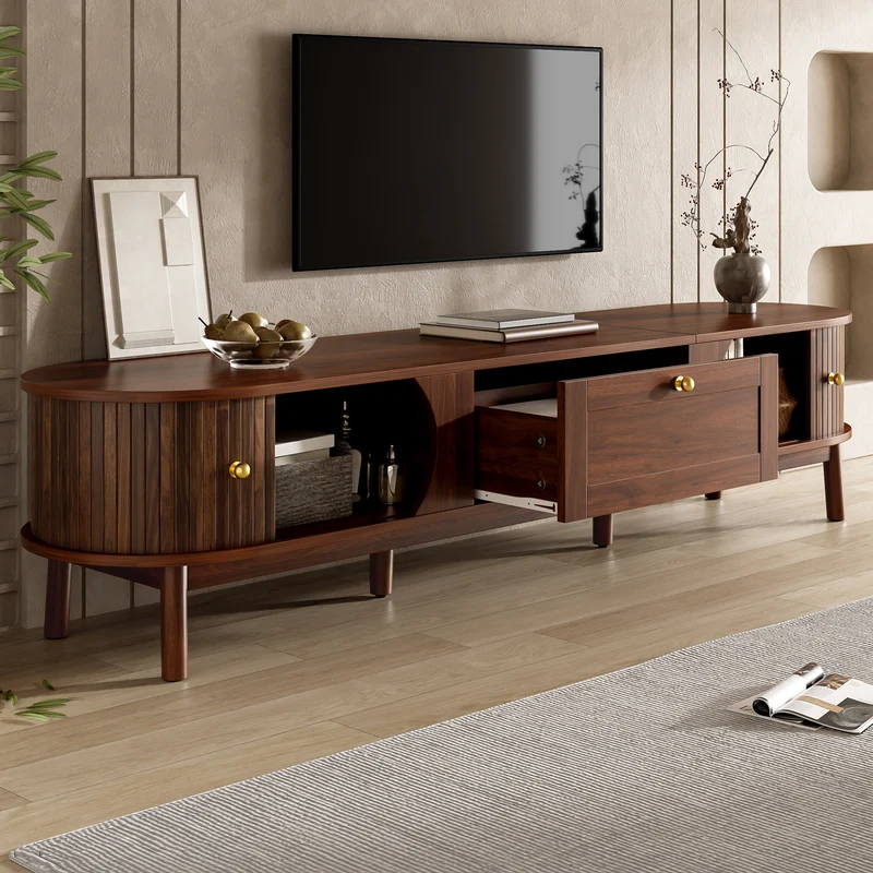 Meuble TV effet bois noyer style vintage tiroir et portes coulissantes 170cm VERIAR