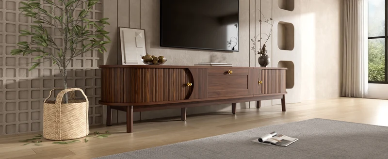 Meuble TV effet bois noyer style vintage tiroir et portes coulissantes 170cm VERIAR