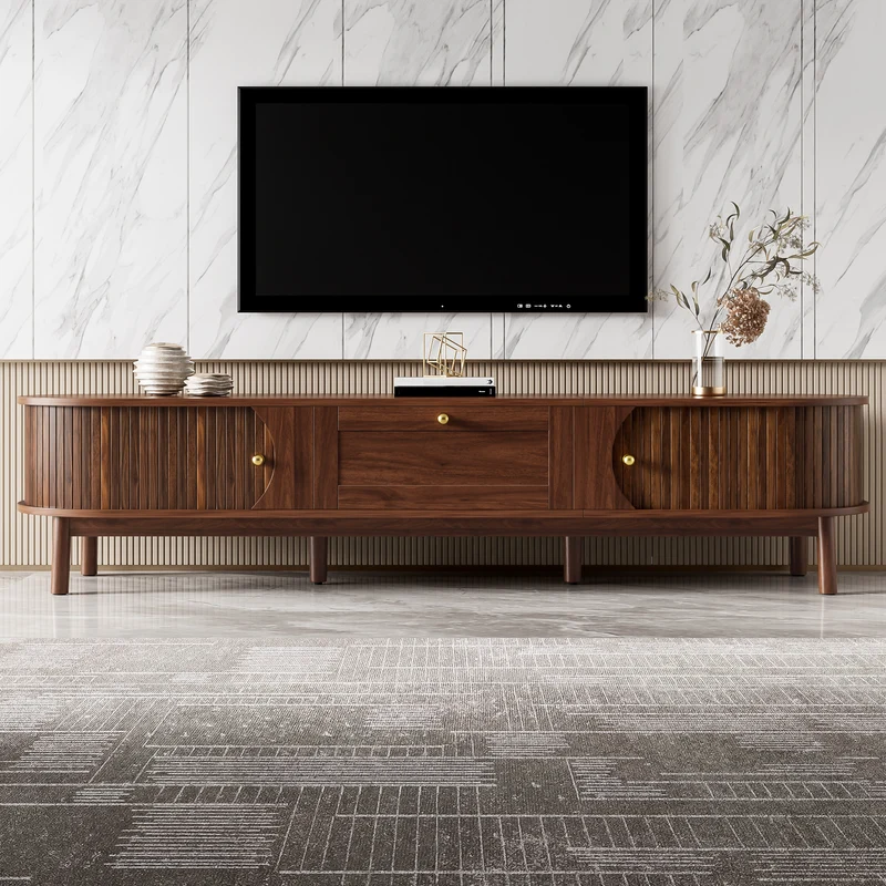 Meuble TV effet bois noyer style vintage tiroir et portes coulissantes 170cm VERIAR