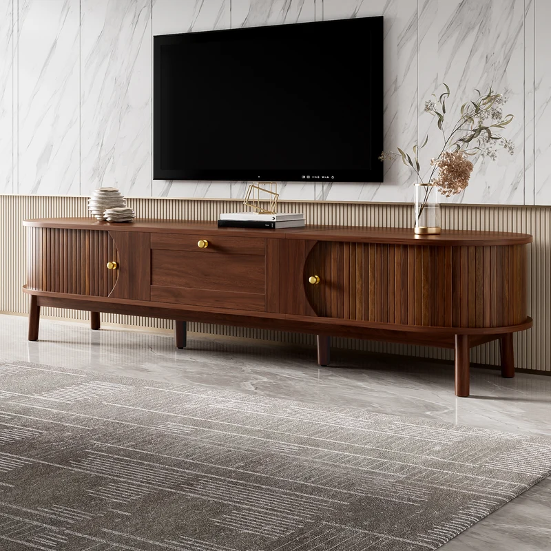 Meuble TV effet bois noyer style vintage tiroir et portes coulissantes 170cm VERIAR