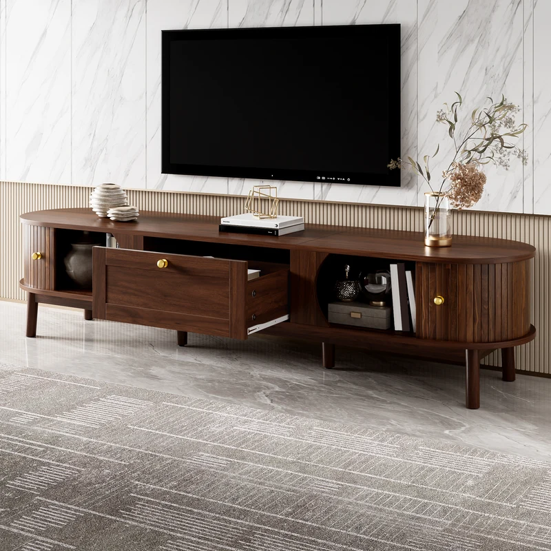 Meuble TV effet bois noyer style vintage tiroir et portes coulissantes 170cm VERIAR