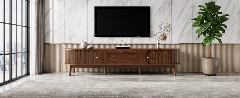 Meuble TV effet bois noyer style vintage tiroir et portes coulissantes 170cm VERIAR