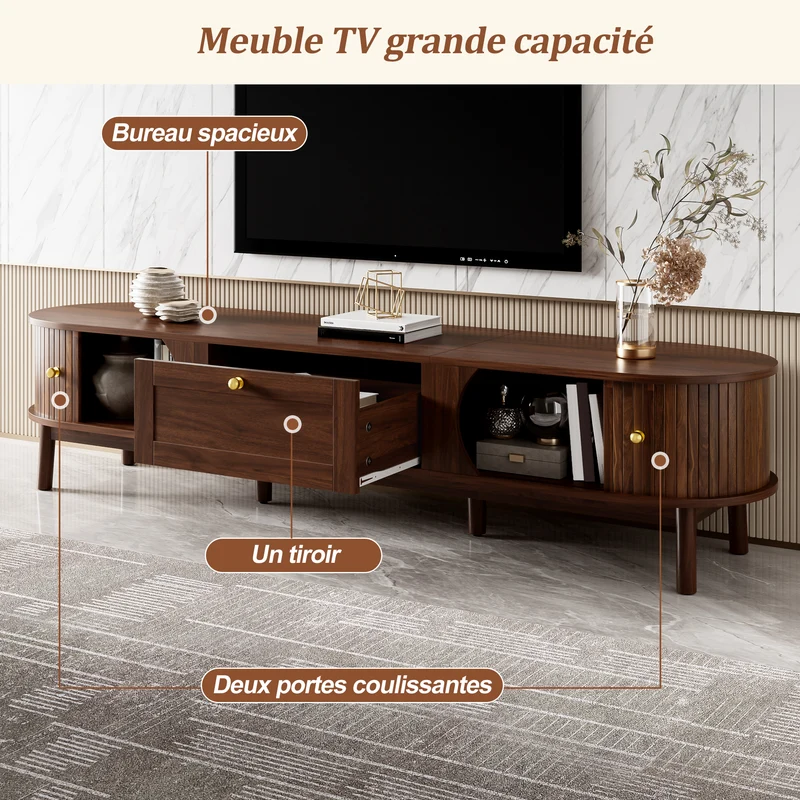 Meuble TV effet bois noyer style vintage tiroir et portes coulissantes 170cm VERIAR