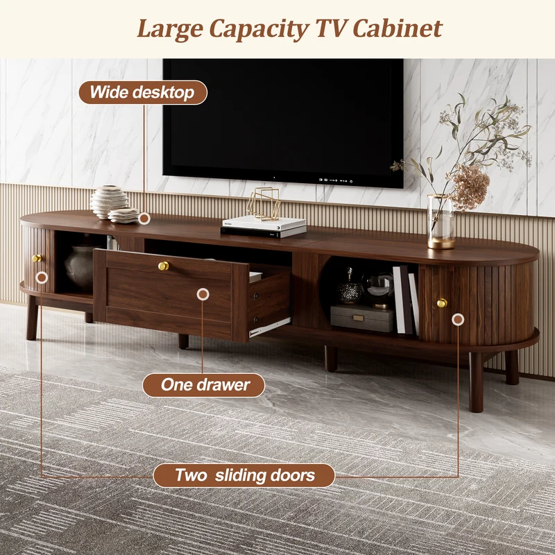 Meuble TV effet bois noyer style vintage tiroir et portes coulissantes 170cm VERIAR