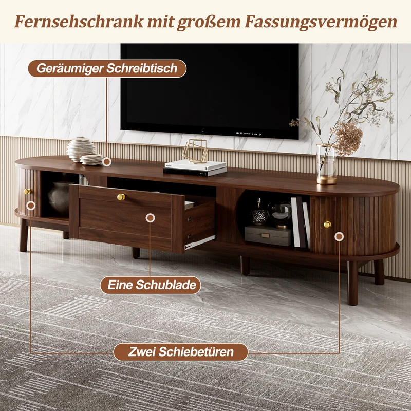 Meuble TV effet bois noyer style vintage tiroir et portes coulissantes 170cm VERIAR