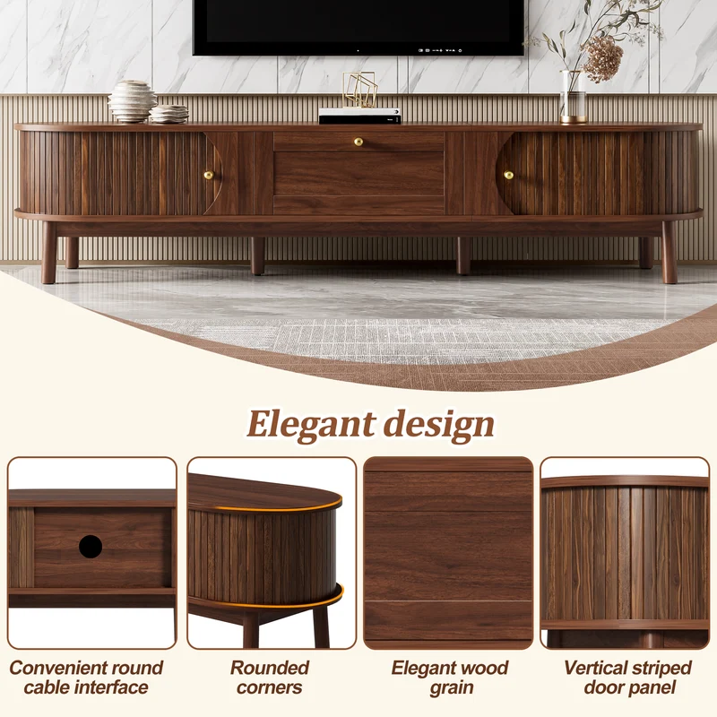 Meuble TV effet bois noyer style vintage tiroir et portes coulissantes 170cm VERIAR