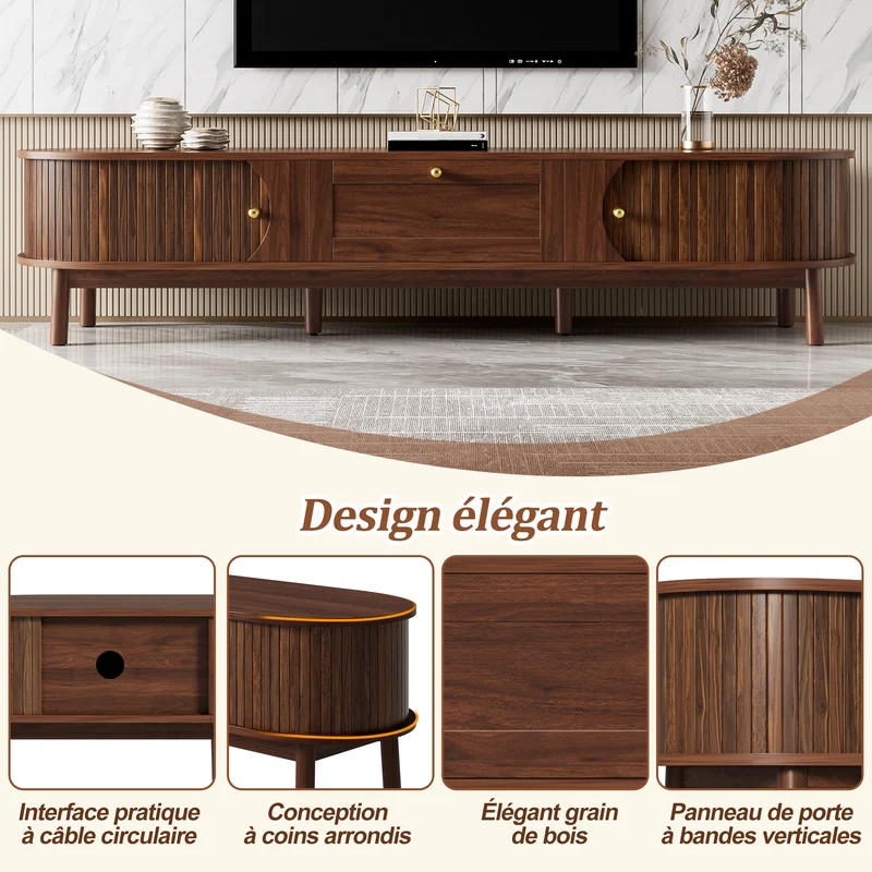 Meuble TV effet bois noyer style vintage tiroir et portes coulissantes 170cm VERIAR