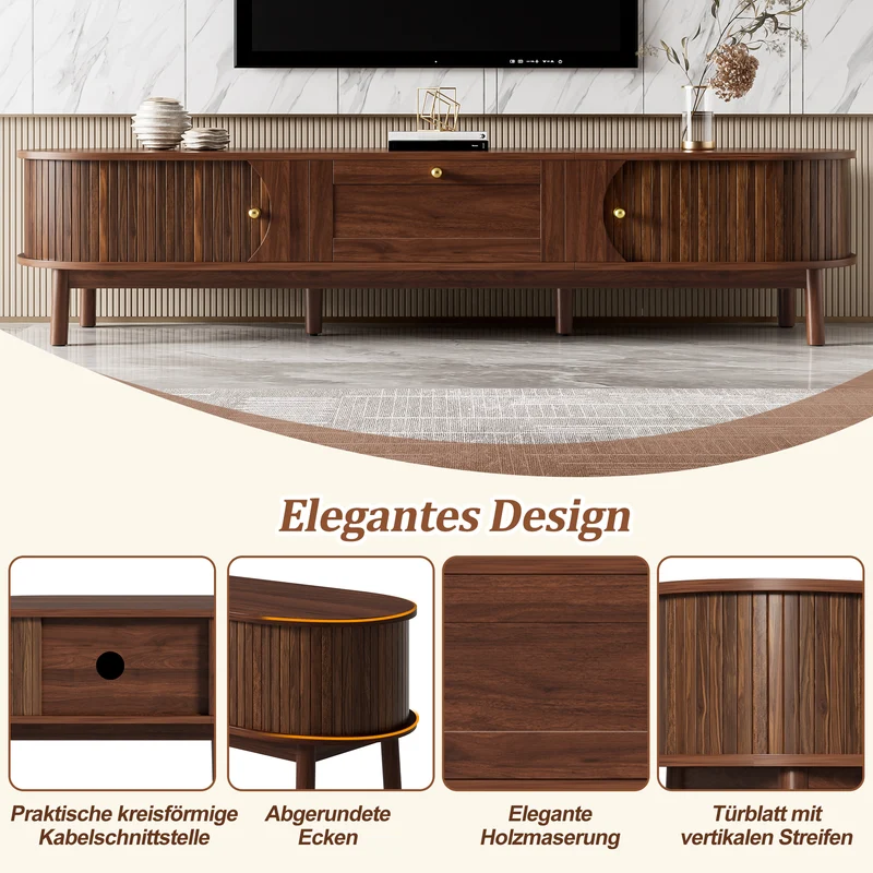 Meuble TV effet bois noyer style vintage tiroir et portes coulissantes 170cm VERIAR
