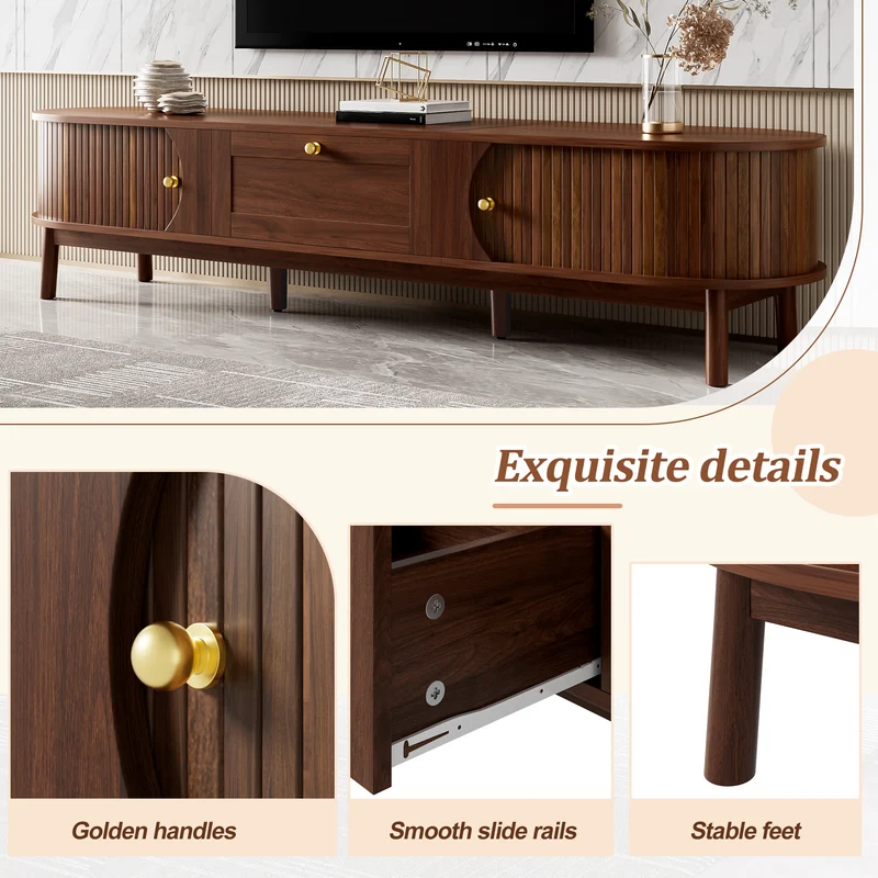 Meuble TV effet bois noyer style vintage tiroir et portes coulissantes 170cm VERIAR