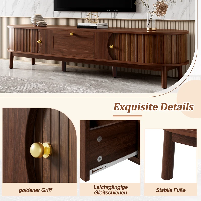 Meuble TV effet bois noyer style vintage tiroir et portes coulissantes 170cm VERIAR
