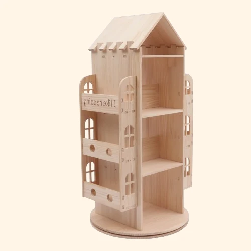 Bibliothèque rotative enfant en bois en forme de maison