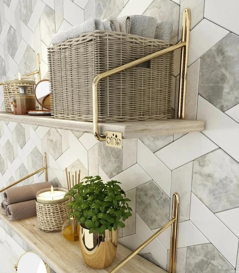 Etagère murale scandinave bois clair et métal doré