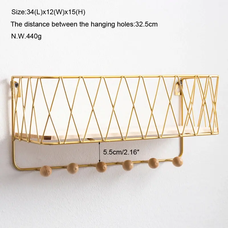 Etagère murale design nordique en fer pour entrée avec portant en bois