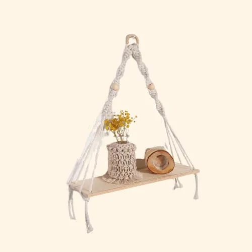 Etagère suspendue macramé corde et bois clair