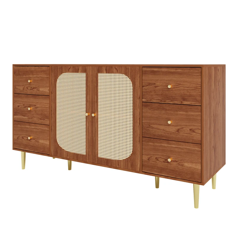 Buffet rétro effet bois 2 portes en rotin et 6 tiroirs 160x40x90 cm STARLEAF
