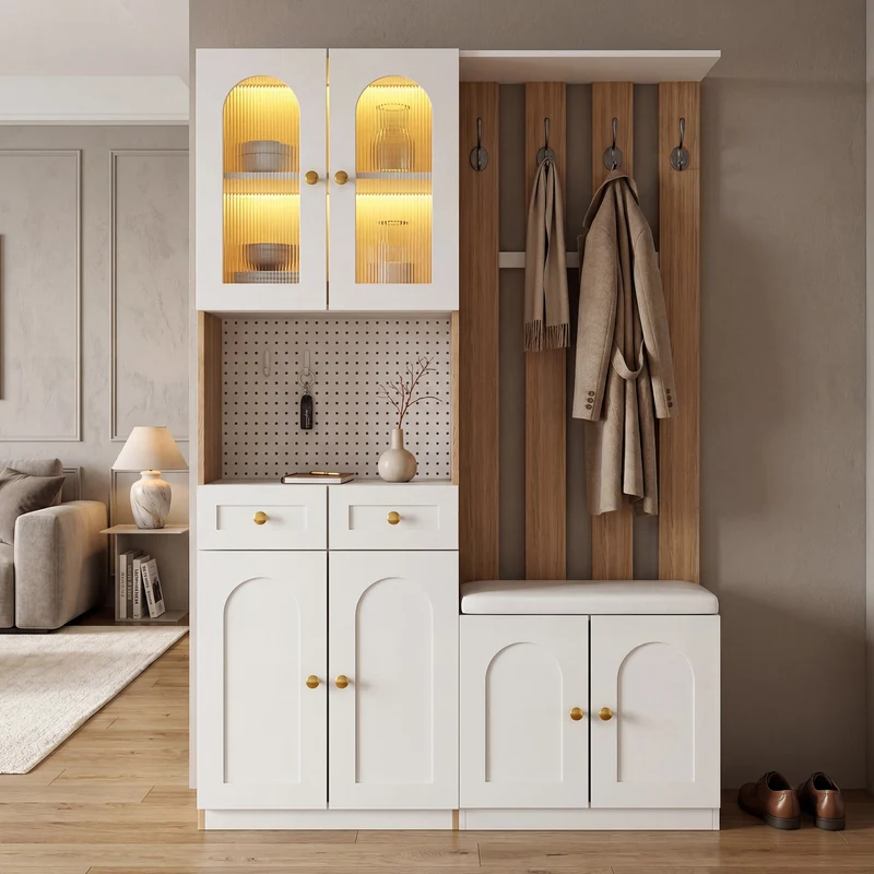 Vestiaire à l'entrée blanc avec LED, banc et rangement, accents dorés 180x120x30cm CHROMEWALL
