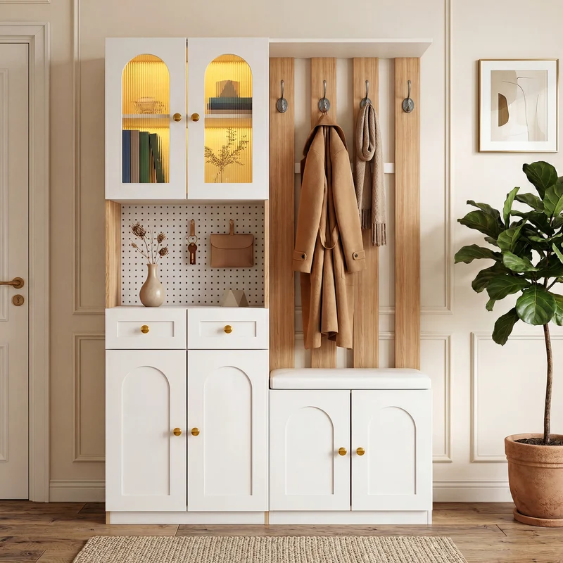 Vestiaire à l'entrée blanc avec LED, banc et rangement, accents dorés 180x120x30cm CHROMEWALL