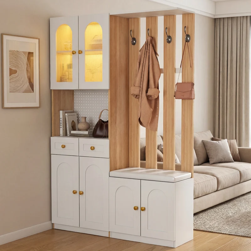 Vestiaire à l'entrée blanc avec LED, banc et rangement, accents dorés 180x120x30cm CHROMEWALL