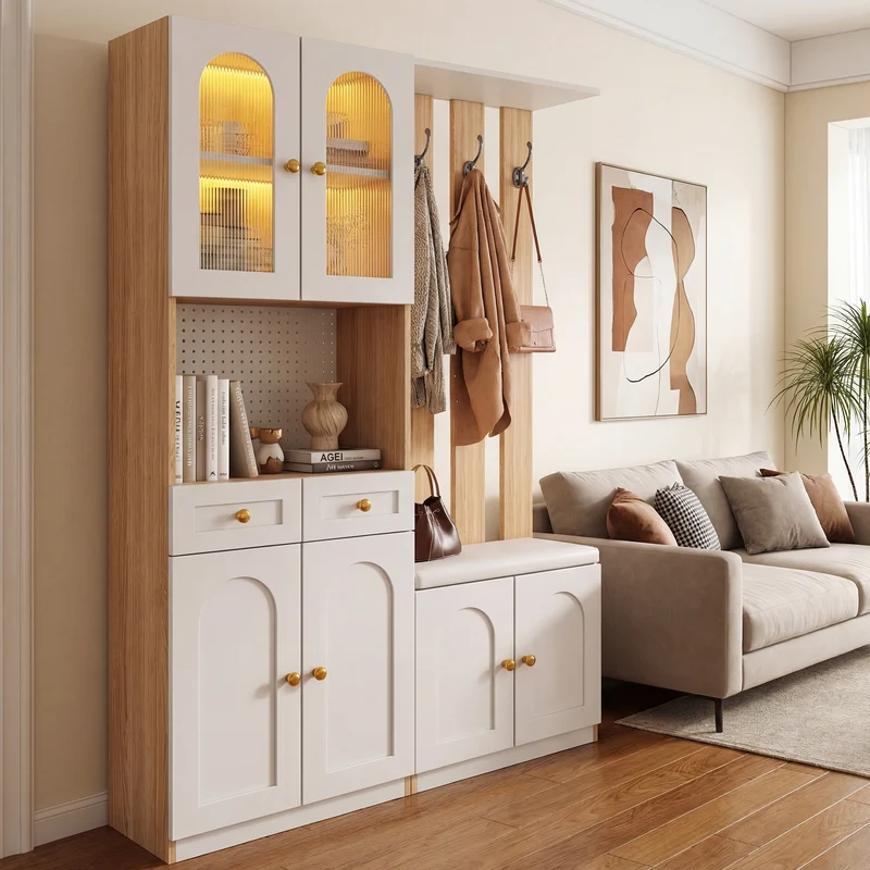 Vestiaire à l'entrée blanc avec LED, banc et rangement, accents dorés 180x120x30cm CHROMEWALL