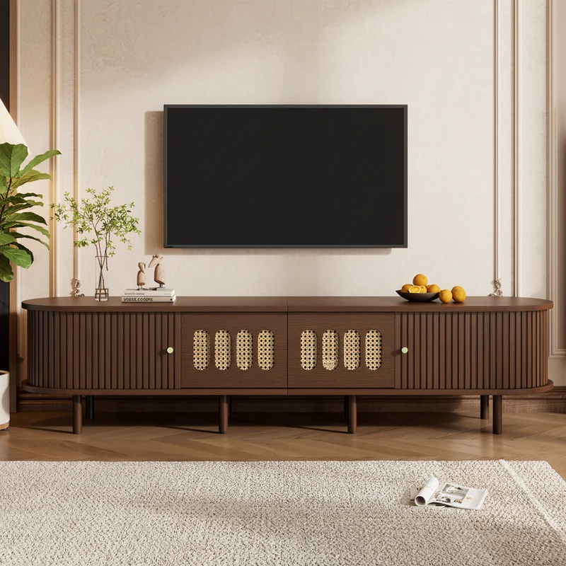 Meuble TV rétro ovale effet noyer foncé 2 portes coulissantes 2 tiroirs avec rotin 180x40x40 cm CASCADERYN