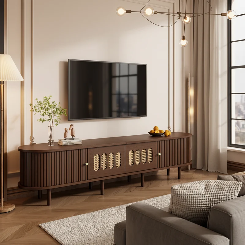 Meuble TV rétro ovale effet noyer foncé 2 portes coulissantes 2 tiroirs avec rotin 180x40x40 cm CASCADERYN