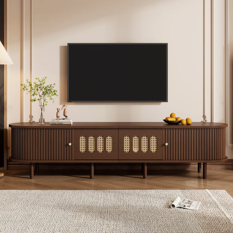 Meuble TV rétro ovale effet noyer foncé 2 portes coulissantes 2 tiroirs avec rotin 180x40x40 cm CASCADERYN