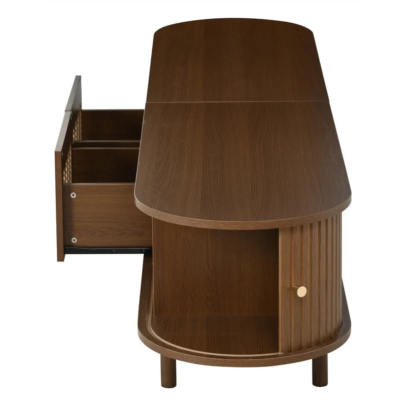 Meuble TV rétro ovale effet noyer foncé 2 portes coulissantes 2 tiroirs avec rotin 180x40x40 cm CASCADERYN